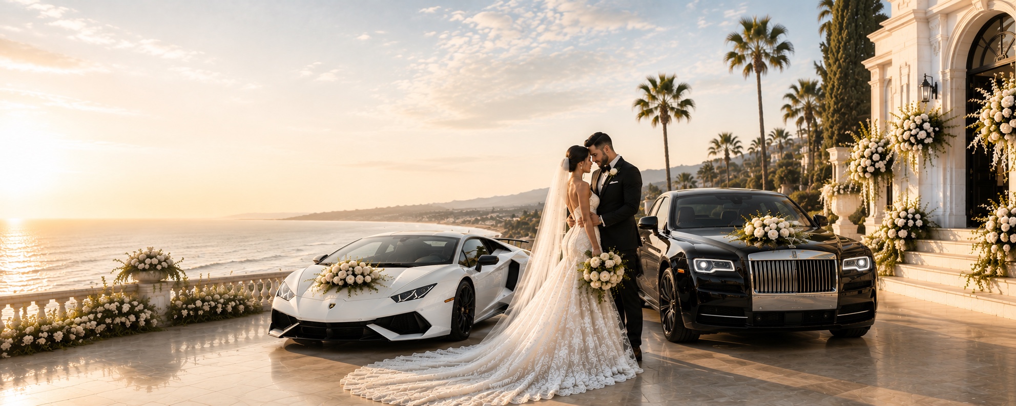 Prestiege Luxor luxury wedding experience with a bride, groom, Lamborghini, Rolls-Royce, and Ferrari at a coastal venue