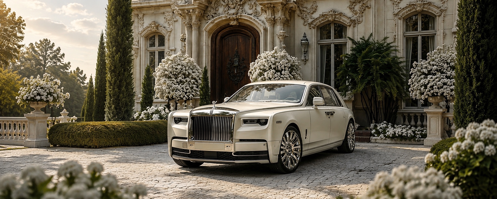 White Rolls-Royce prepared outside an elegant wedding venue